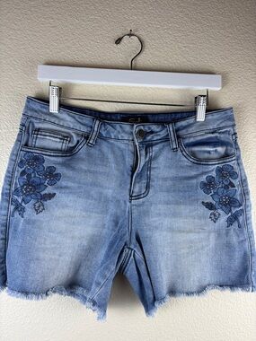 Earl Jean Mid-rise Denim Shorts Blue Floral Embroidery Frayed Hem Sz 10
